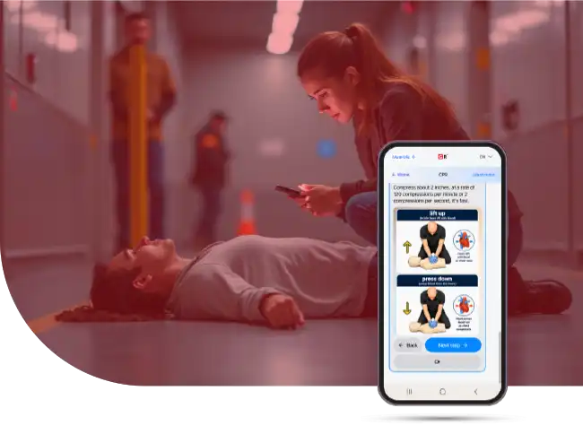 woman searching her phone to help her collegue in an emergency. She opening the ready first aide app to help in an emergency