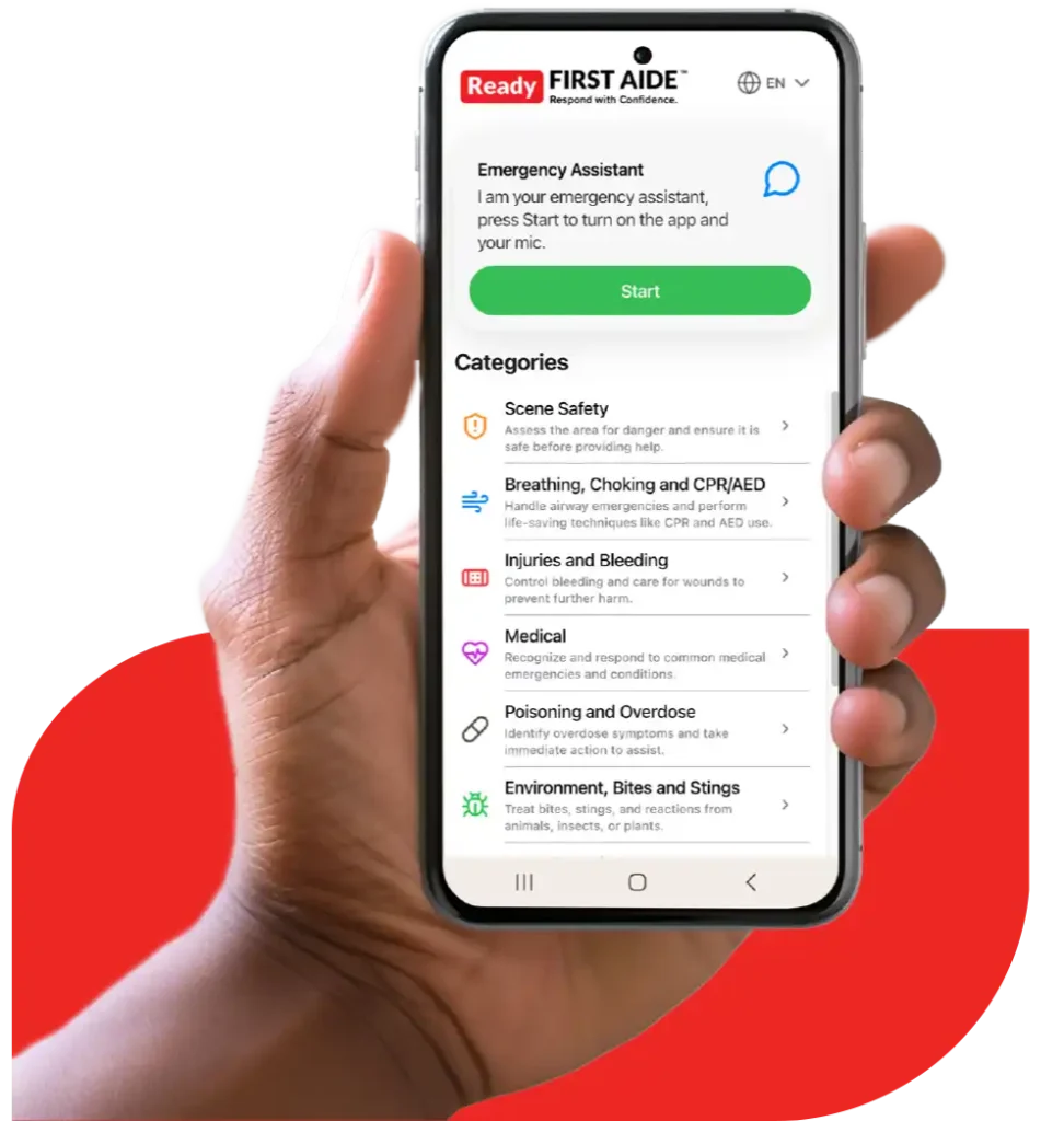 Person of color holding the ready first aide app on a phone