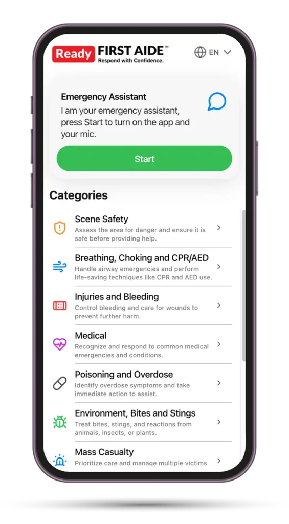 Ready First Aide Homescreen of AI Voice Activated First Aid App